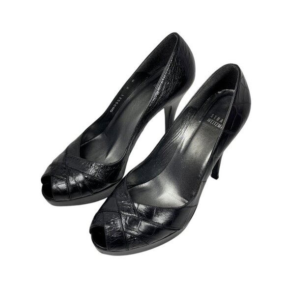 STUART WEITZMAN Pip Toe Platform Heels Sz. 9 Black Croc Leather Stiletto Classic - Picture 11 of 11